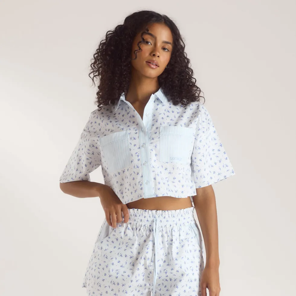 Chemise de Pyjama à Manches Courtes Bloom & Stripe - Bleu
