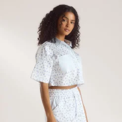 Chemise de Pyjama à Manches Courtes Bloom & Stripe - Bleu