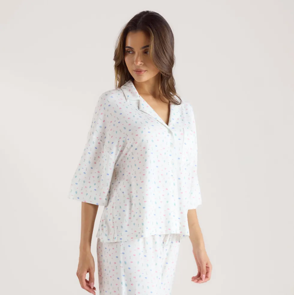 Chemise de Pyjama à Manches Courtes en Modal - Blanc Floral