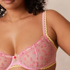 Daisy Embroidered Balcony Soutien-Gorge et String/Culotte Ensemble - Rose