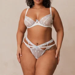 Fleur Balcony Soutien-Gorge et G-string Ensemble - Blanc et Bleu