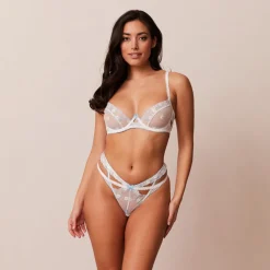 Fleur Balcony Soutien-Gorge et G-string Ensemble - Blanc et Bleu