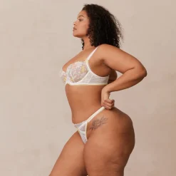 Fleur Balcony Soutien-Gorge et G-string Ensemble - Blanc et Jaune