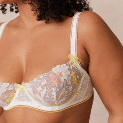 Fleur Balcony Soutien-Gorge et G-string Ensemble - Blanc et Jaune