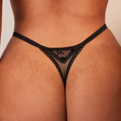 Flocked Floral Balcony Soutien-Gorge et String/Culotte Ensemble - Noir