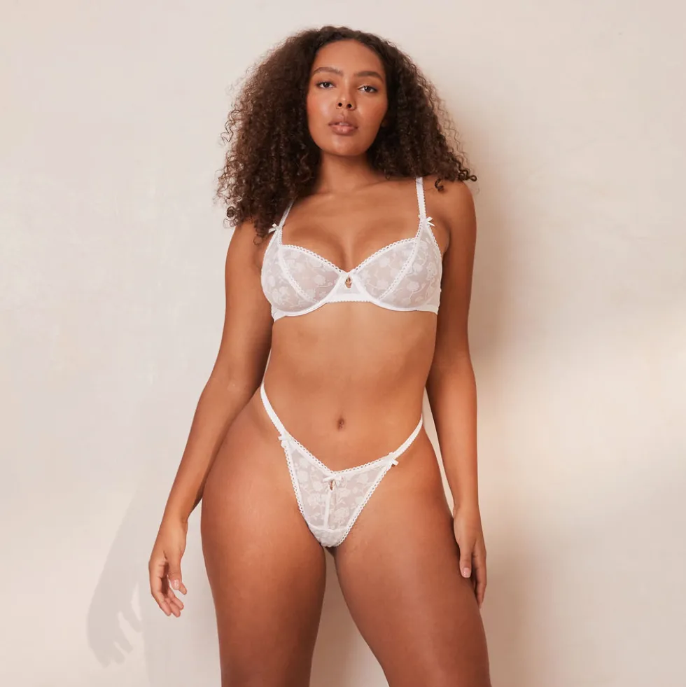 Flocked Floral Balcony Soutien-Gorge et String/Culotte Ensemble - Blanc