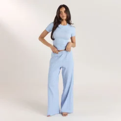 Haut de Pyjama Ajusté en Pointelle - Bleu Floral