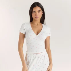 Haut de Pyjama Court Côtelé - Blanc Floral