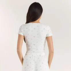 Haut de Pyjama Court Côtelé - Blanc Floral