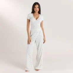 Haut de Pyjama Court Côtelé - Blanc Floral