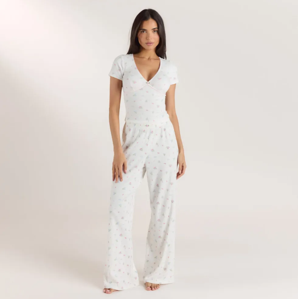 Haut de Pyjama Court Côtelé - Blanc Floral
