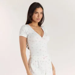 Haut de Pyjama Court Côtelé - Blanc Floral