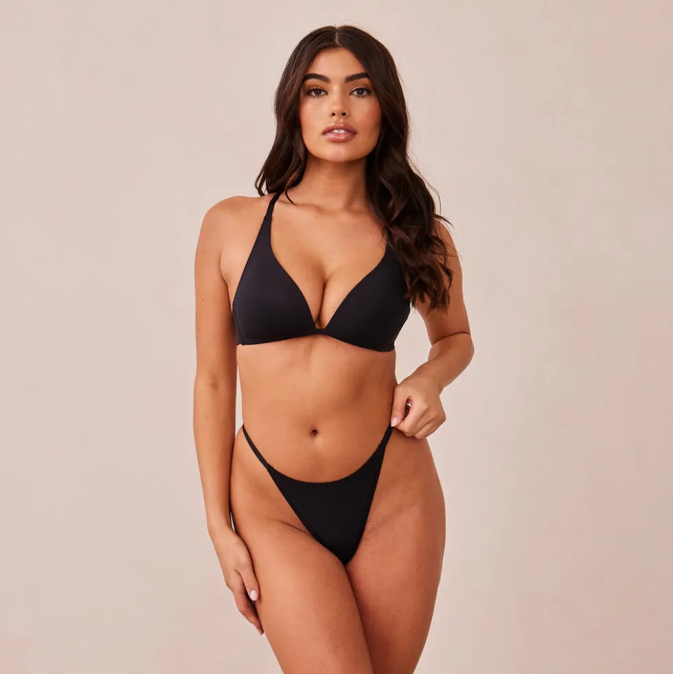 Light Plunge Soutien-Gorge T-Shirt Sans Armatures et String/Culotte Ensemble - Noir