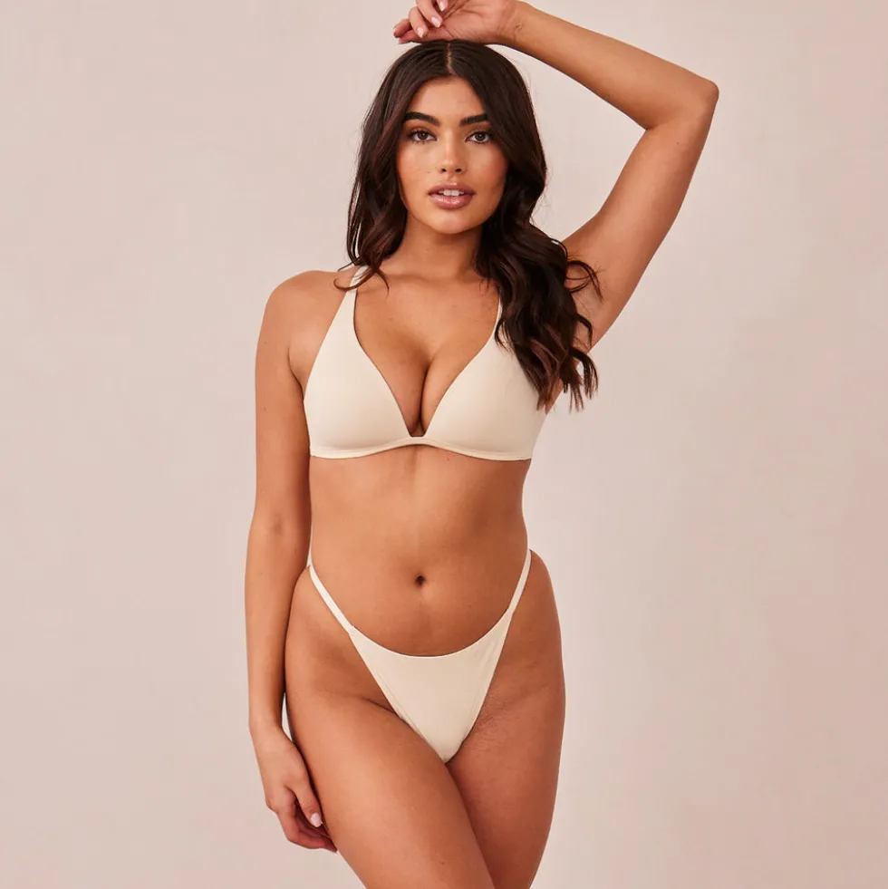 Light Plunge Soutien-Gorge T-Shirt Sans Armatures et String/Culotte Ensemble - Latte