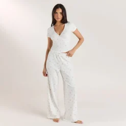 Pantalon de Pyjama Côtelé - Blanc Floral