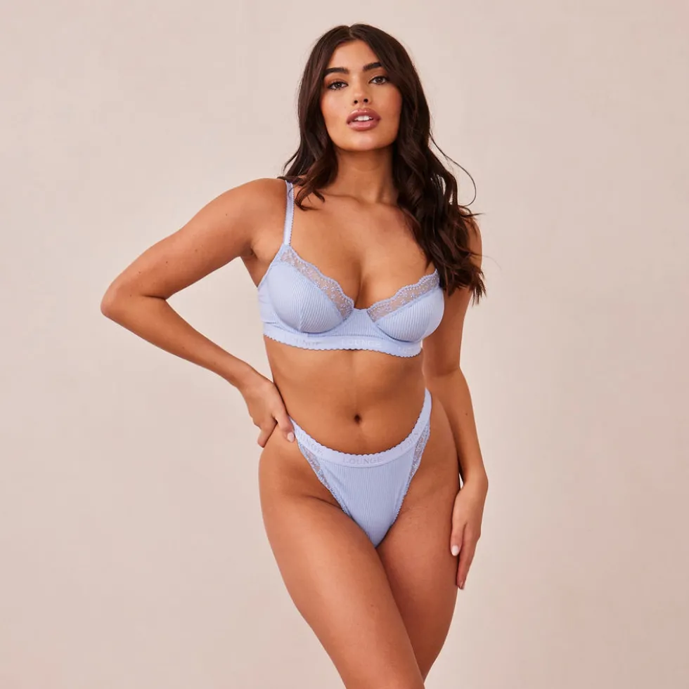 Ribbed Balcony Soutien-Gorge et String/Culotte Ensemble - Bleu