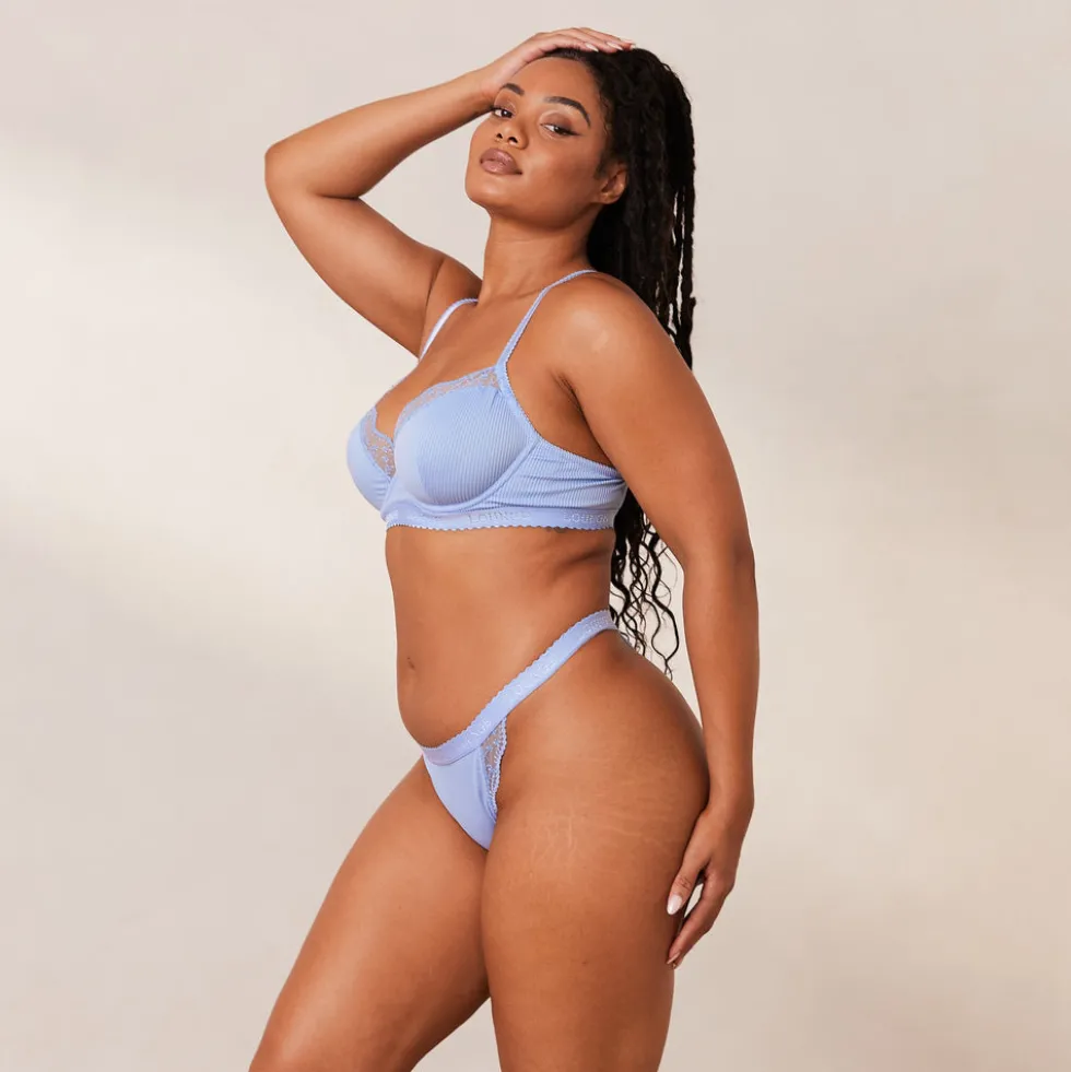 Ribbed Balcony Soutien-Gorge et String/Culotte Ensemble - Bleu