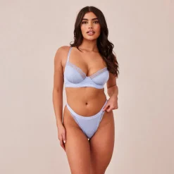 Ribbed Balcony Soutien-Gorge et String/Culotte Ensemble - Bleu