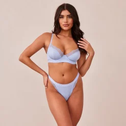 Ribbed Balcony Soutien-Gorge et String/Culotte Ensemble - Bleu