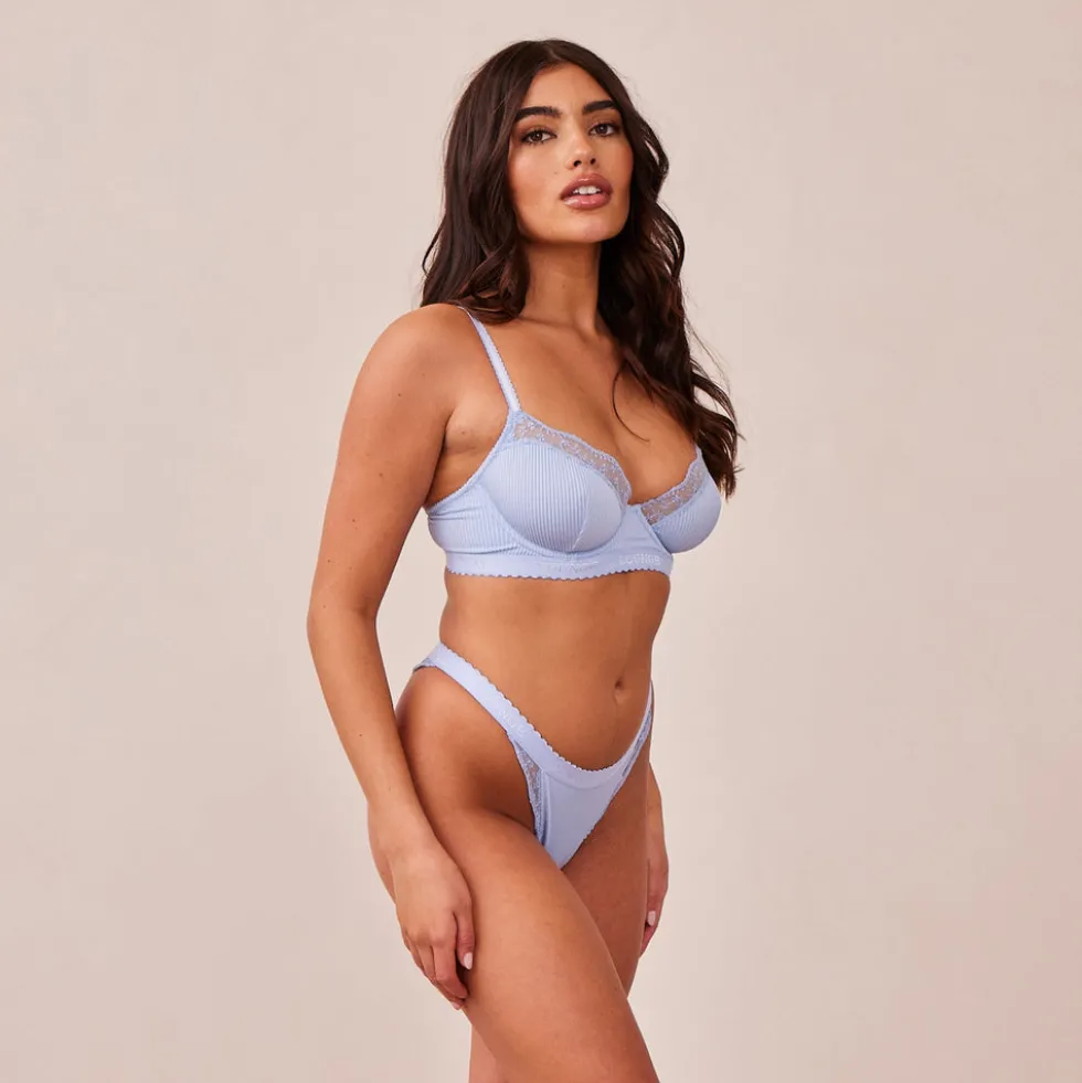 Ribbed Balcony Soutien-Gorge et String/Culotte Ensemble - Bleu