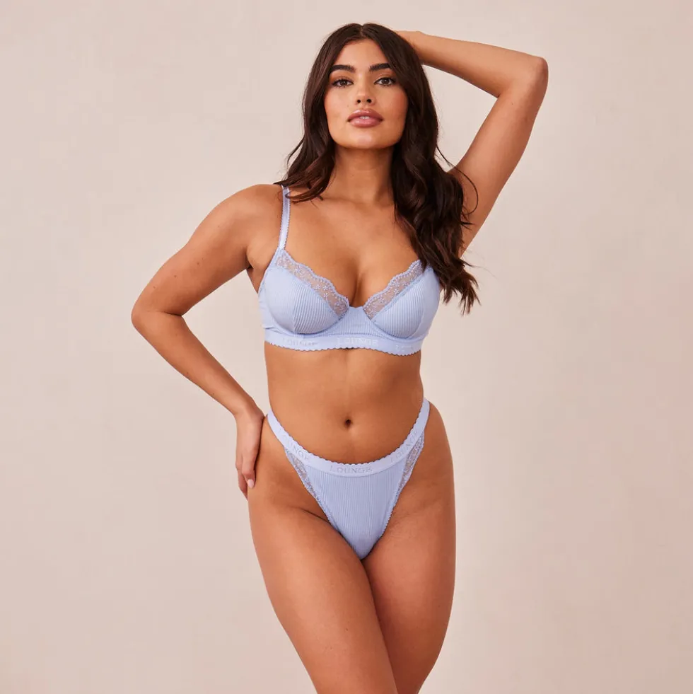 Ribbed Balcony Soutien-Gorge et String/Culotte Ensemble - Bleu