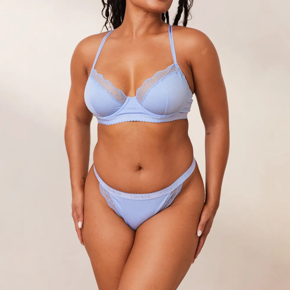 Ribbed Balcony Soutien-Gorge et String/Culotte Ensemble - Bleu