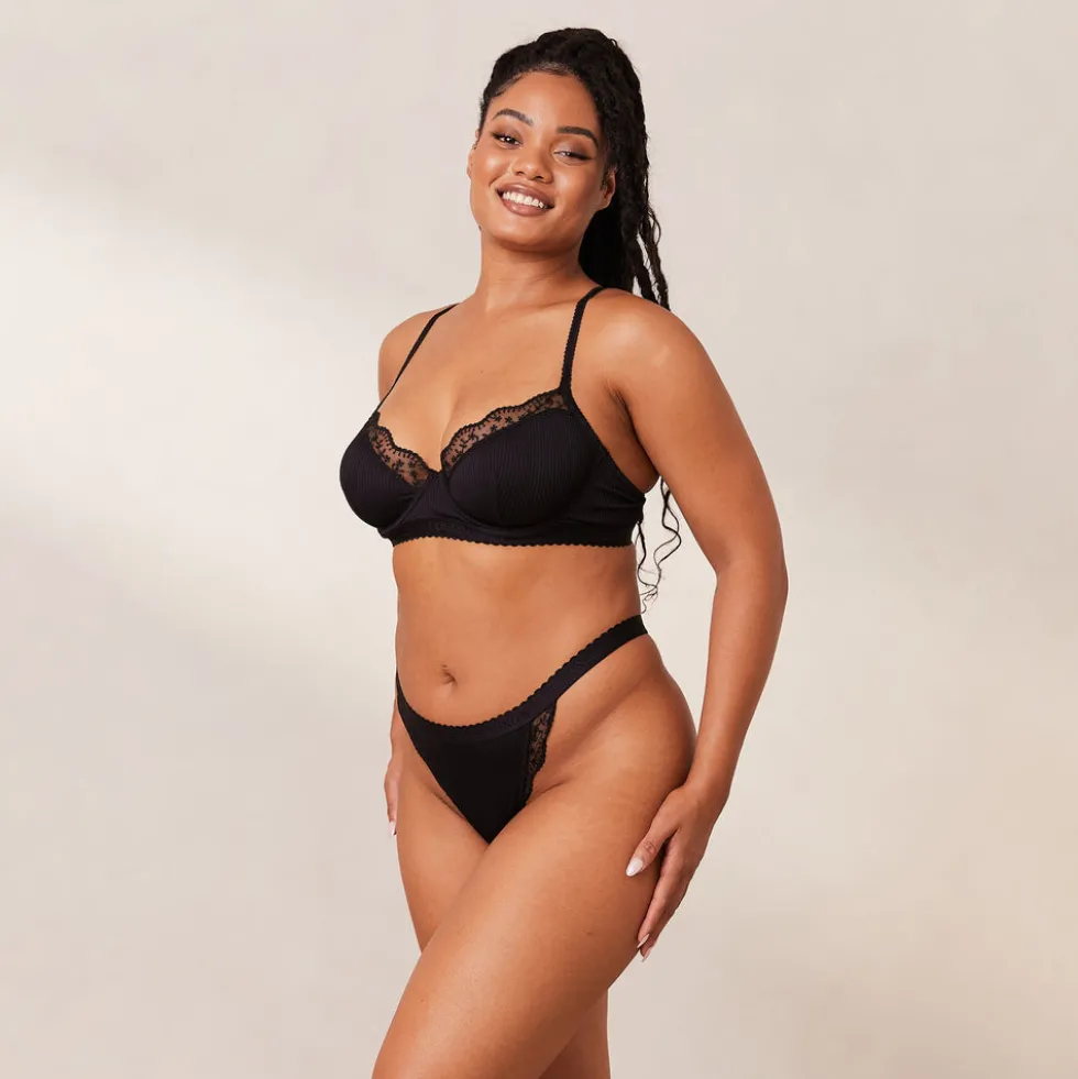 Ribbed Balcony Soutien-Gorge et String/Culotte Ensemble - Noir