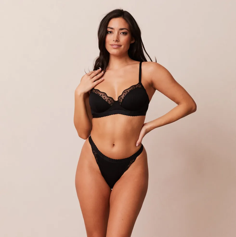 Ribbed Balcony Soutien-Gorge et String/Culotte Ensemble - Noir