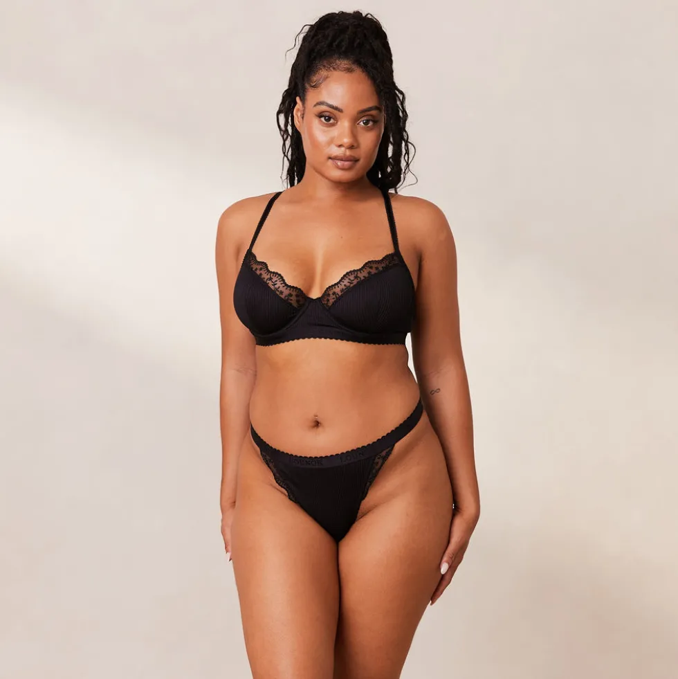 Ribbed Balcony Soutien-Gorge et String/Culotte Ensemble - Noir