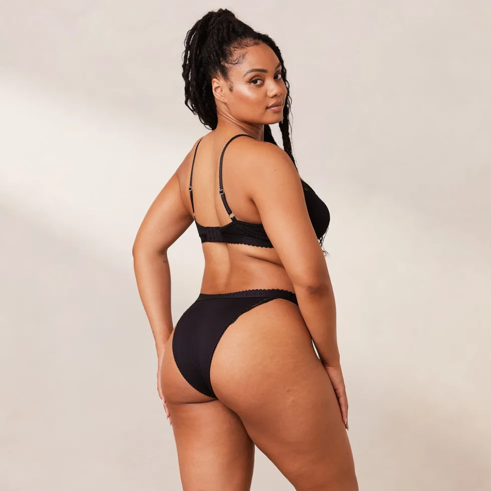 Ribbed Balcony Soutien-Gorge et String/Culotte Ensemble - Noir