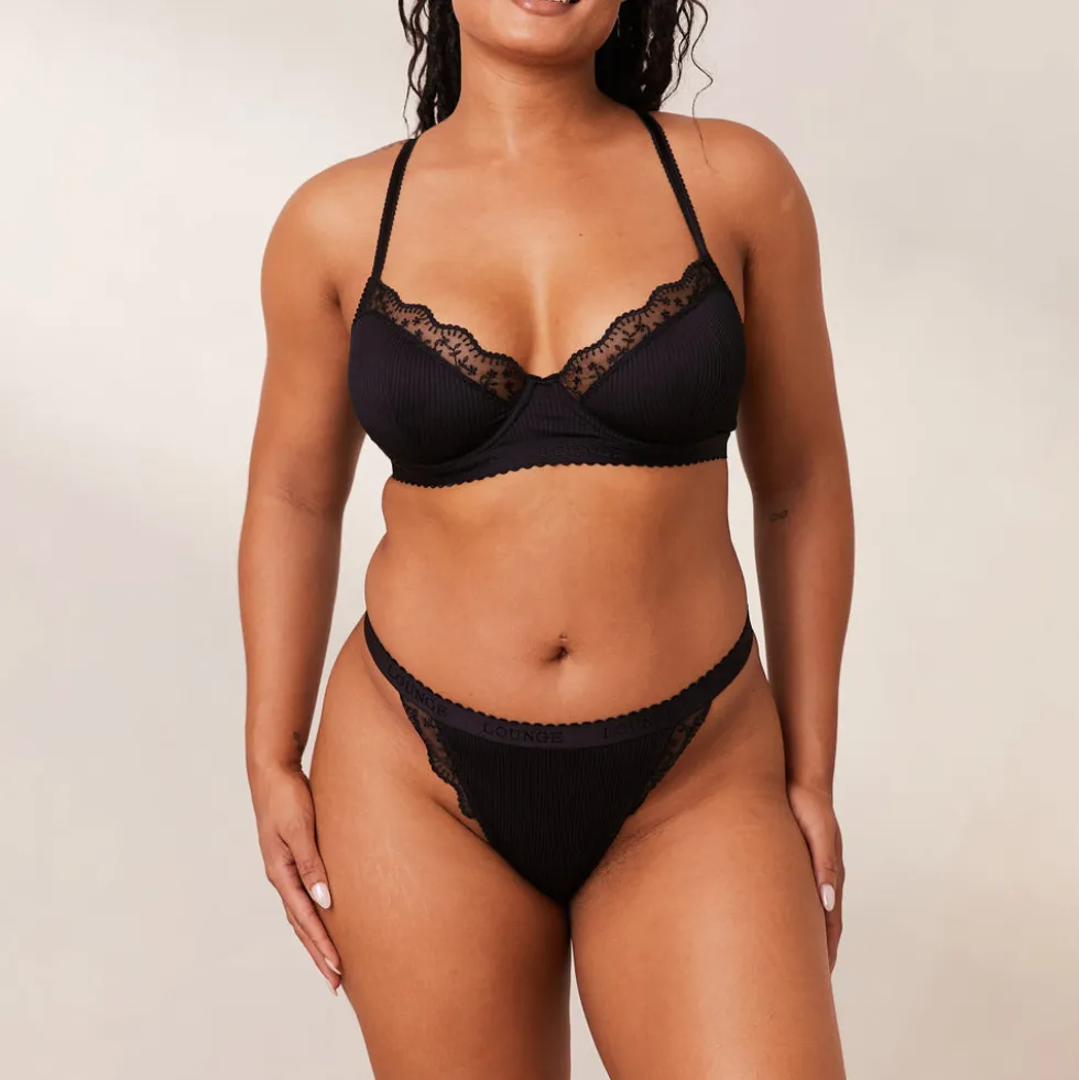 Ribbed Balcony Soutien-Gorge et String/Culotte Ensemble - Noir