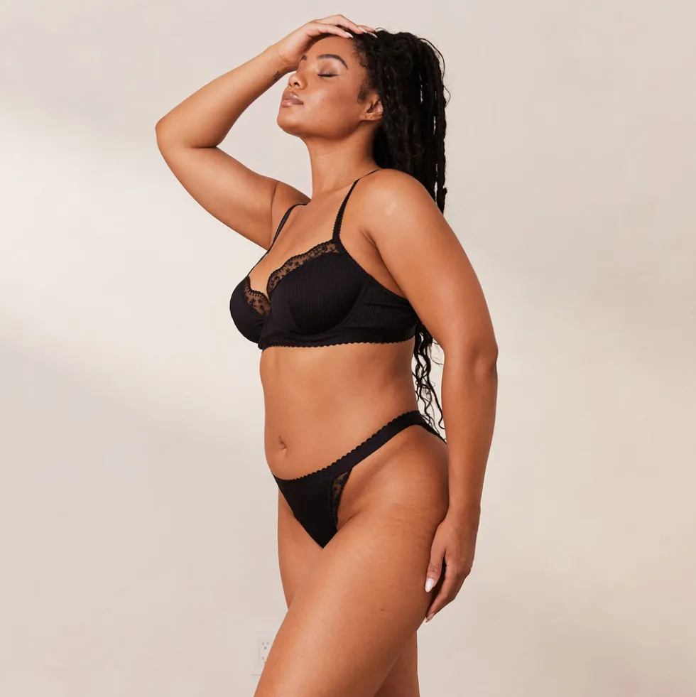 Ribbed Balcony Soutien-Gorge et String/Culotte Ensemble - Noir