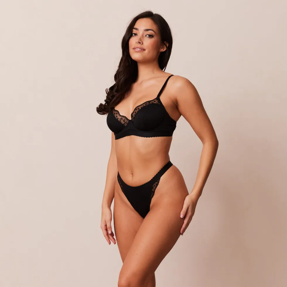 Ribbed Balcony Soutien-Gorge et String/Culotte Ensemble - Noir