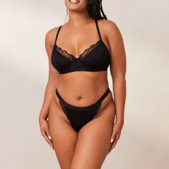 Ribbed Balcony Soutien-Gorge et String/Culotte Ensemble - Noir