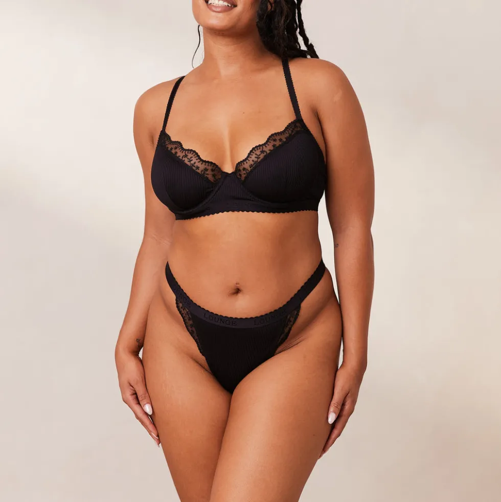 Ribbed Balcony Soutien-Gorge et String/Culotte Ensemble - Noir