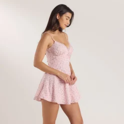 Robe Courte à Plis et Dentelle - Rose Floral