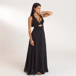 Robe Longue avec Fronces en Tencel - Noir