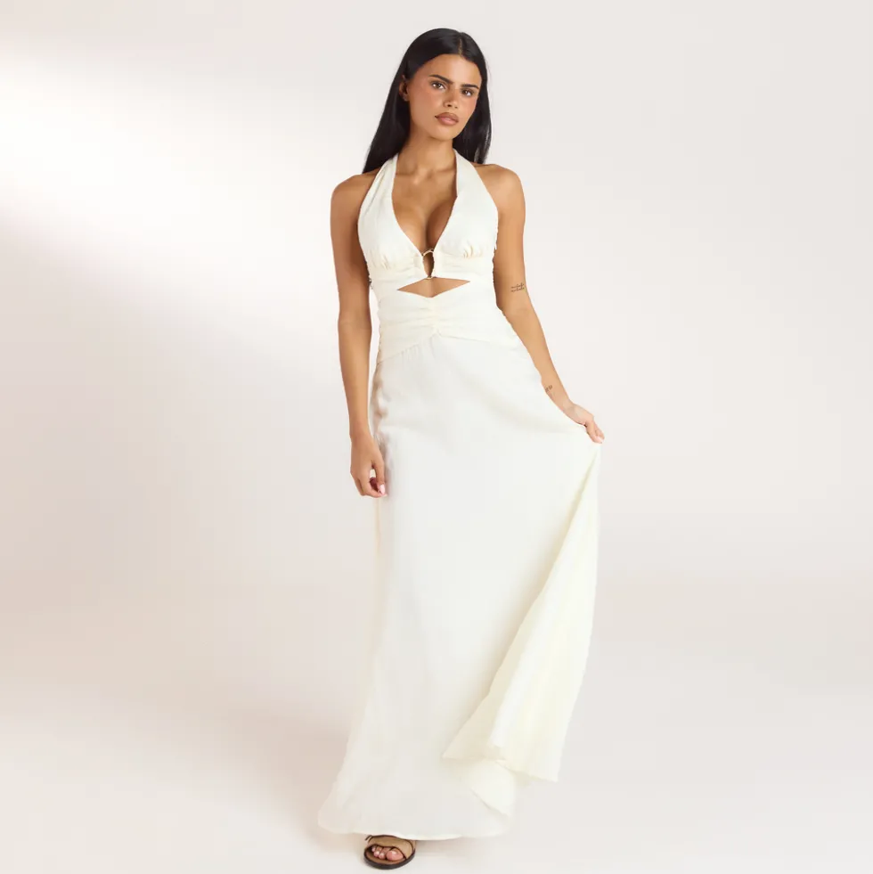 Robe Longue avec Fronces en Tencel - Crème