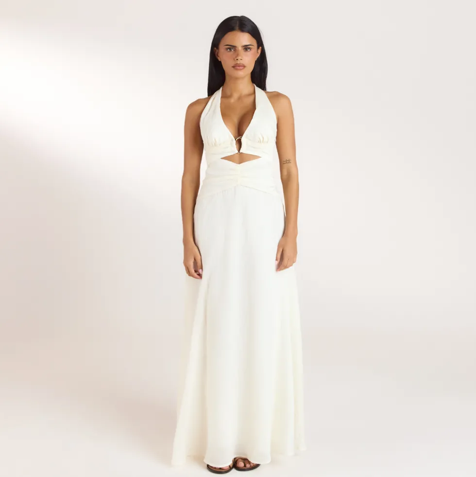 Robe Longue avec Fronces en Tencel - Crème
