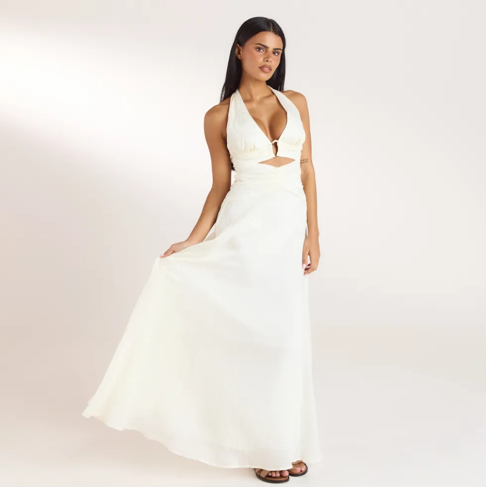 Robe Longue avec Fronces en Tencel - Crème